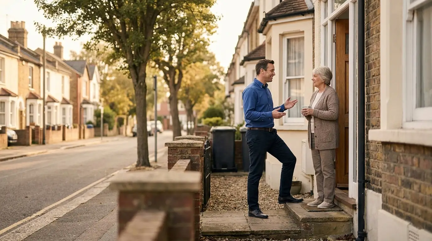 Mandataire immobilier en porte-à-porte dans un quartier résidentiel